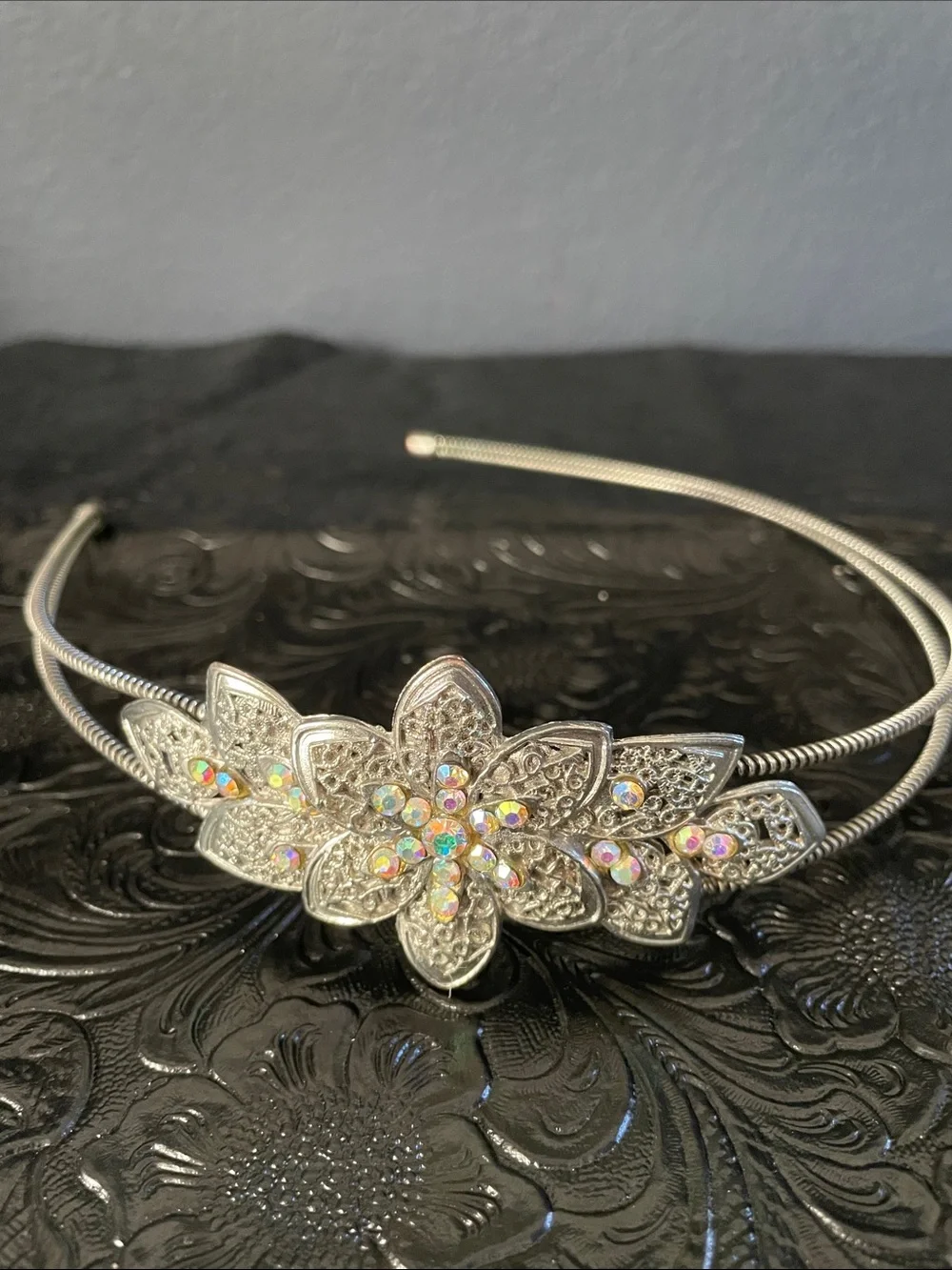 Silver Crystal Floral Headband with Pearl Hair Pins Set